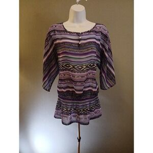 Chicos Womans Size 0 Purple Striped Tribal Peplum Waist Semi-Sheer Blouse Top